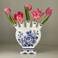 Jarrón de Cerámica Estilo Tulipán Holandés, Jarrón Decorativo Azul Delft en Forma de Corazón