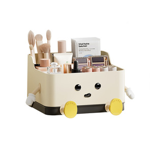 Cosmetic Storage Box Plastic Desktop Organizer For Makeup Skincare Bathroom <b>Desk</b> Student Dormitory With Wheels - Product Image 2
