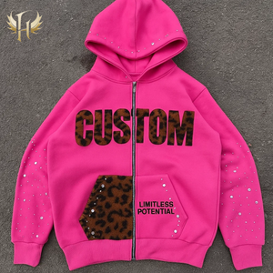 特注500GSMピンク宝石ラインストーンパーカー付きヒョウ柄毛皮刺繍パッチスクリーンプリントストリートウェアZip upパーカー - Product Image 2