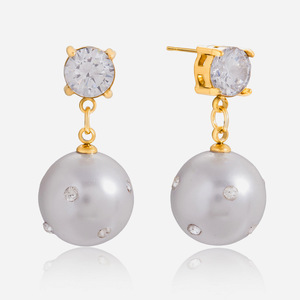 Faux Pearl Drop Earrings With Crystal Stud Gold Plated Stainless Steel Jewelry For Women Elegant Party <b>Wedding</b> <b>Accessories</b> - Product Image 1