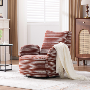 Fauteuil de loisirs ergonomique pivotant à 360° de style moderne avec accoudoirs en tissu rayé, design bordé de sable et support métallique pour salon - Product Image 1