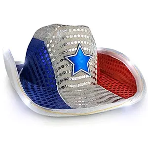 CLBX Independence Day American Flag with Lights Sequins Cowboy Hat Panel Color LED Light Colorful Five pointed Star Cowboy Hat