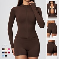 Setelan Fitness Lengan Panjang dan Celana Pendek Naked Feel untuk Wanita, Lari Intensitas Tinggi di Luar Ruangan, Cepat Kering, Pakaian Yoga Elastis Tinggi