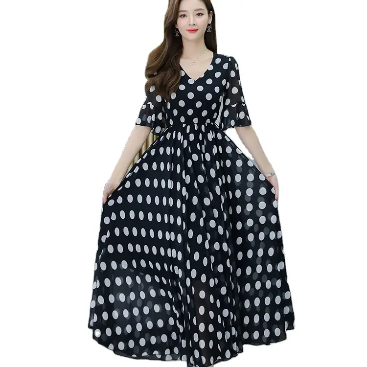 2021 Summer New Arrival Short Sleeve Big Hem Polka Dot Chiffon Dress Casual Beach dresses