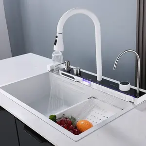 Tiktok Hot Sale White One Piece 2 Waterfall Faucet Multifunction Stainless Steel Single Bowl Farmhouse Kitchen Sink