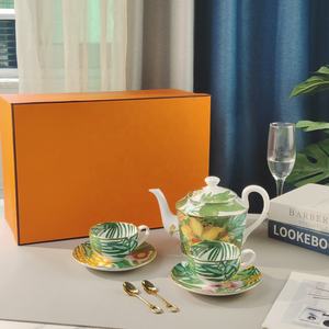 Juego de Platos y Tazas de Porcelana Fina de Lujo, Estilo Europeo con Diseño de Hojas Verdes, 4 Piezas para Hoteles, Perfecto para el Té de la Tarde - Product Image 2