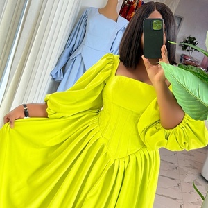 2024 nuovo autunno Plus Size colore puro manica lunga lanterna collo quadrato una linea plissettata abito <span class=keywords><strong>Midi</strong></span> donna - Product Image 2