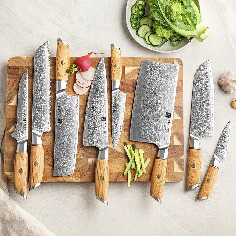 8 cái sang trọng Damascus bột thép dao Nhật Bản nhà bếp Đầu Bếp Knife Set với Olive gỗ xử lý