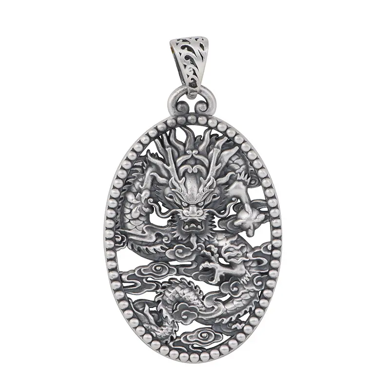 Sterling Silver 999 Pendant for Men's and Women's Retro Auspicious Cloud Dragon Pattern Pendant Necklace Hiphop Rock Jewelry