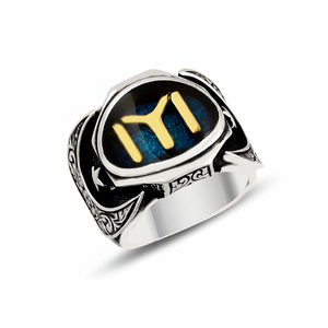 925K Sterling <b>Silver</b> Ottoman Dirilis Blue Enamel <b>Men</b> <b>Ring</b> - Product Image 2