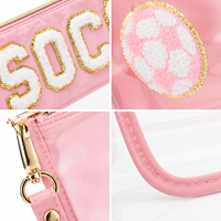 Ensemble de sacs transparents rose pour le football avec patch en chenille, sac bandoulière transparent, pochette de poignet, sac de voyage transparent approuvé pour les stades et les jours de match