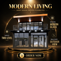 Maison modulaire moderne à deux étages en conteneurs avec balcon, portes coulissantes, fenêtres et toit à baldaquin