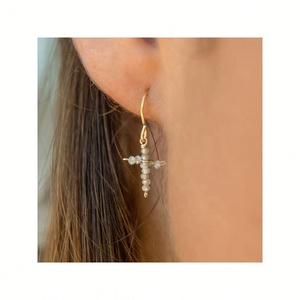 Freshwater Pearls Beaded Cross Earrings 18k Gold Plated Hoop Earrings Waterproof <b>Unique</b> Design Handmade Jewelry <b>for</b> <b>Her</b> <b>Gifts</b> - Product Image 4