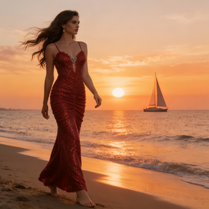 Plus Size Sexy Evening Dress | <strong>Red</strong> <strong>Sequin</strong> Gown with Heart Shaped Cut Out, Ruched Waist for Party, Club &amp; Gala - Product Image 4