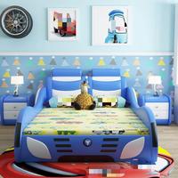 Lit pour enfants en cuir bleu moderne en forme de voiture, cadre en bois personnalisable en couleur et en taille, meubles pour les chambres des garçons et des filles