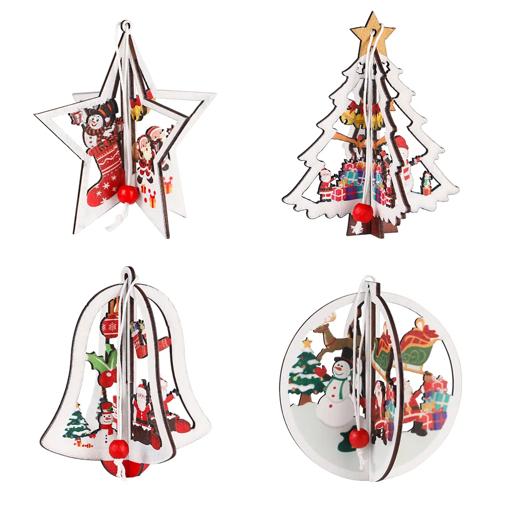 Cross border new 3D Christmas products wooden hollow Christmas Tree Pendant Christmas home dector bell Pendant