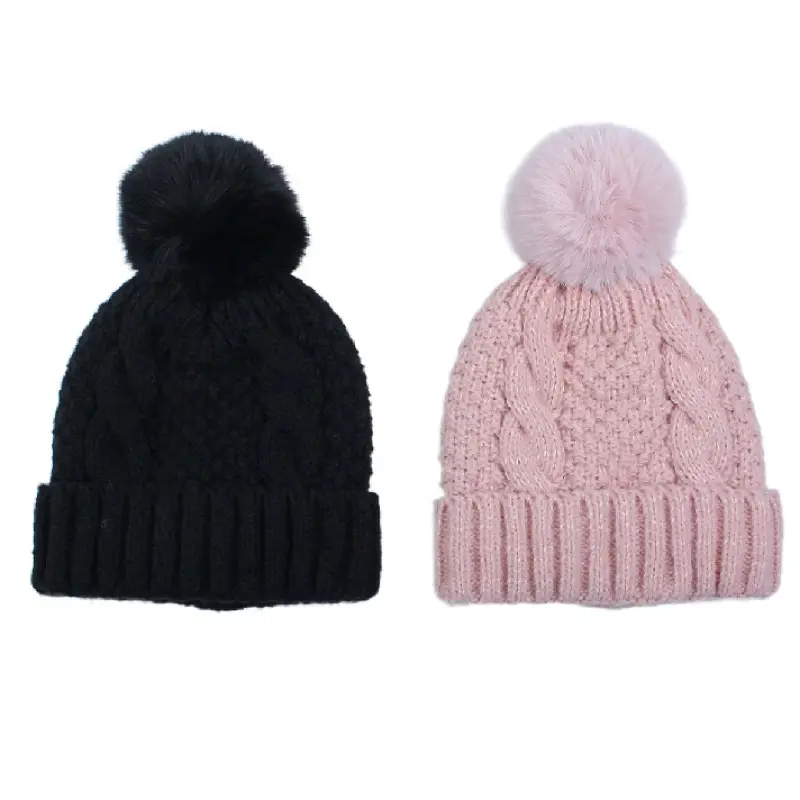 Yüksek kalite kış yumuşak örme düz renk açık sıcak bere şapka büyük Pom Pom ve astar ile