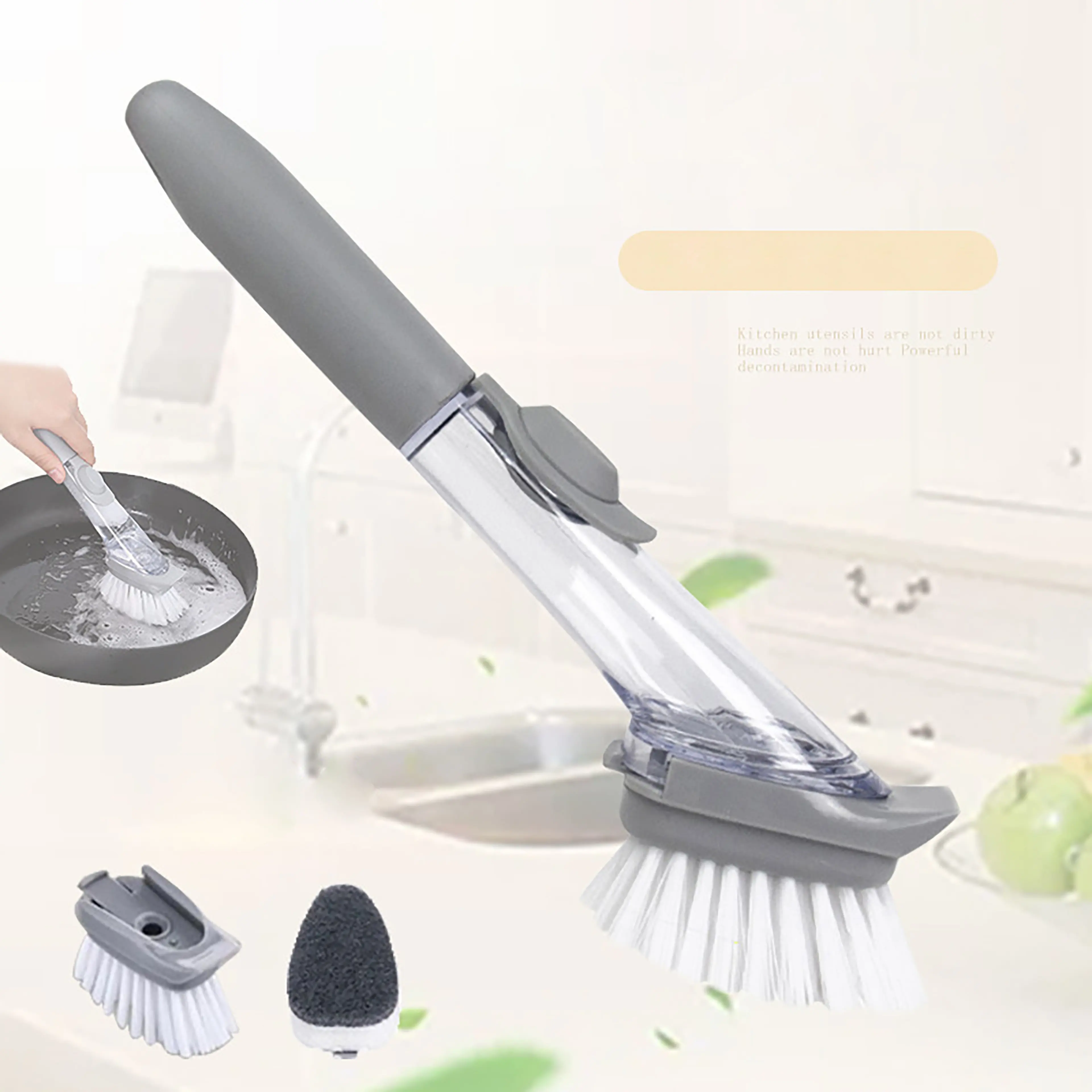 Hot Sale Household Cleaning Tools Plastic Kitchen Cleaning Brushes Sponge brush Long-handed Automatic Liquid Dispenser Cleaner