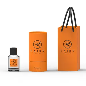 Empty high quality cylinder transparent OEM glass 50 ml 100 ml perfume bottle with colorful orange gift box pump sprayer