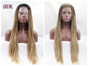 Micro treccia radici scure marrone Ombre miele biondo <span class=keywords><strong>parrucca</strong></span> <span class=keywords><strong>con</strong></span> capelli del bambino resistente al calore in fibra sintetica pizzo anteriore treccia scatola <span class=keywords><strong>parrucca</strong></span> - Product Image 4