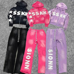 Custom Acid Wash Vintage Zip Hoodie Set Oversized Sticker Bordado Sudadera con capucha y pantalones de chándal acampanados Chándal - Product Image 3