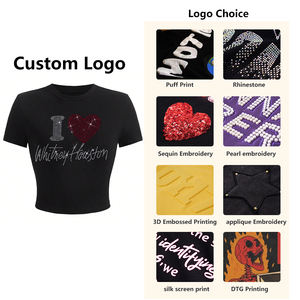 Oem מותאם אישית Te חולצת טריקו גרופפים נשים rhinestone כותנה שחור מצויד חולצת טי טי טי חולצת נשים היפ הופ העליון - Product Image 3