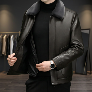 Chaqueta de invierno para hombre de piel sintética con cuello vuelto y cremallera, forro de piel gruesa - Product Image 4
