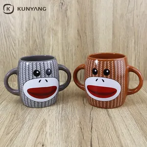 Wholesale Japandi Style Creative Cartoon Monkey Double Handle Ceramic Coffee Mugs