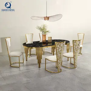 Manufacturer foshan muebles comedor dinning table chair gold Stainless steel luxury titanium chrome dining table set furniture