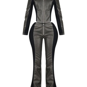 ชุดเสื้อแจ็คเก็ตแขนยาวและกางเกงหนัง PU คุณภาพสูงแบบสั่งทำพิเศษ เสื้อผ้าสตรีทแวร์เอวสูง ชุดสองชิ้นหนัง PU สำหรับผู้หญิง - Product Image 3