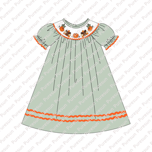 Vestito smocked <span class=keywords><strong>zucca</strong></span> tacchino di alta qualità bambina verde salvia autunno abbigliamento boutique abiti per bambini per l'autunno - Product Image 1