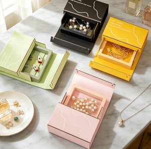 Boîte à bijoux coulissante en papier imprimé multicolore, emballage de type tiroir pour boucles d'oreilles, colliers, petits bijoux, emballage cadeau pour la vente au détail - Product Image 6