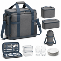 Grand sac isotherme portable en polyester gris pour pique-nique, avec boîtes à lunch, étui à couverts et porte-bouteille pour le camping en famille