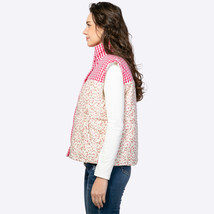 Chaleco Acolchado de Invierno para Mujer, con Cuello Alto, Diseño a Cuadros y Parches Florales, Sin Mangas, Fabricante - Product Image 5