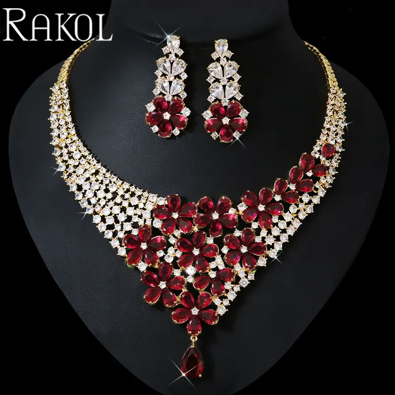 RAKOL-Conjunto de joyería de circonia cúbica chapado en oro de 18k, flores de lujo de Dubái, venta al por mayor