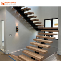 Realgres moderne haut de gamme intérieur double stringer acier bois u forme flotteur escalier design avec rail en verre