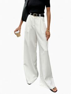 Pantalon large blanc taille haute pour femme en satin plissé, coupe ample, longueur intégrale, style minimaliste, couleur unie, idéal pour l'été - Product Image 1