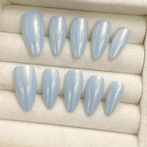 Conception #1794 amande presse sur ongles mode <span class=keywords><strong>bleu</strong></span> <span class=keywords><strong>ciel</strong></span> dames Chrome <span class=keywords><strong>faux</strong></span> ongles Art longueur moyenne couverture complète 10 pièces <span class=keywords><strong>faux</strong></span> ongles conseils - Product Image 1