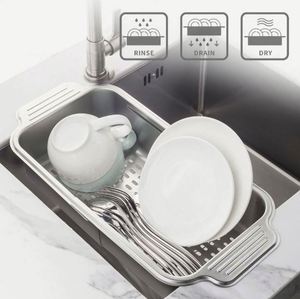 Panier d'égouttage rétractable multifonction moderne en ABS+Silicone+Aluminium pour évier de cuisine, bac à légumes et bols - Product Image 2