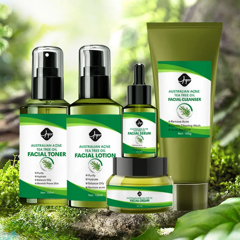 Private Label Natural Acne Treatment Organic Skincare Kit Face Cleanser Aging Anti Acne Cream Tea Tree Skin Care Set