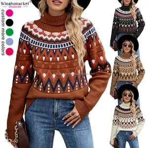 Suéter de punto vintage de Fair Isle, jerséis geométricos aztecas de la tribu de cuello alto, suéteres de mujer personalizados de diseñador de punto