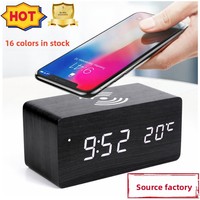 Draadloos opladen LED-klok Creatieve elektronische houten wekker Glow-in-the-Dark Spraakgestuurde thermometer Slaapkamer Kantoor