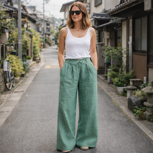 <span class=keywords><strong>Pantaloni</strong></span> Larghi Verdi in <span class=keywords><strong>Lino</strong></span> Traspiranti ed Ecologici per Abbigliamento Femminile: Personalizzazione di Alta Qualità - Product Image 1