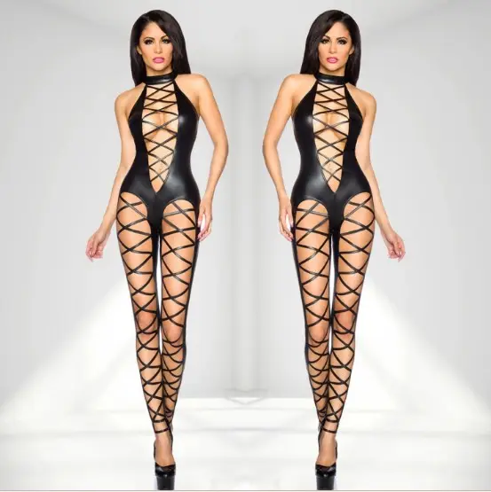 Catsuit negro de PVC para mujer, mono de piel sintética ahuecado, ropa Sexy para discoteca, disfraces eróticos de Pole Dance