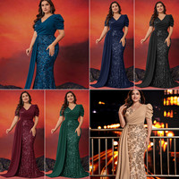 LY2689D Robes de Soirée de Luxe Grandes Tailles Col en V Paillettes Longue Robe de Cérémonie Élégante Robe de Mariée Sirène pour Demoiselle d'Honneur