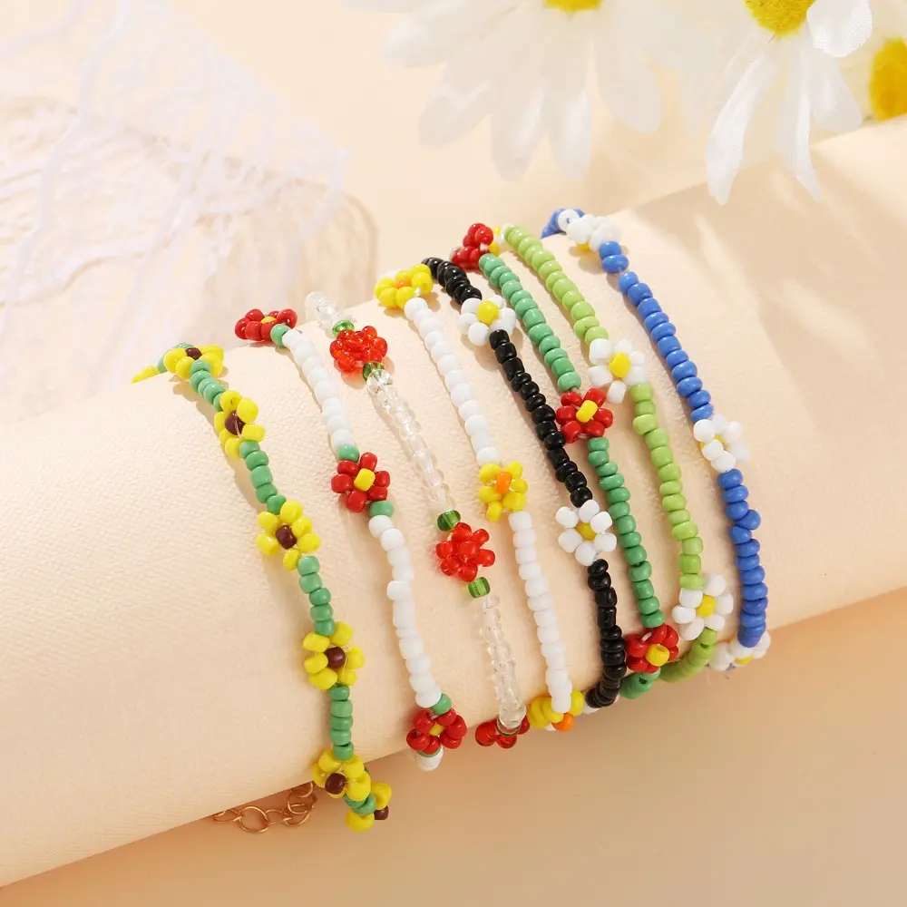 Bracelet de perles de rocaille de fleurs coréennes, bijoux perlés colorés pour filles et femmes, bracelets boho tissés à la main, élastiques y2k