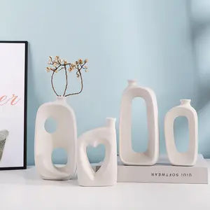 Creative Minimalist frosted white hollow ceramic vase ins style home living room office flower arrangement craft ornaments