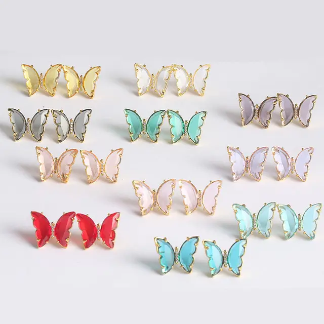 925 Sterling Silver Kristal Jarum Butterfly Stud Anting-Anting Warna-warni Bersinar Penuh Berlian Imitasi Kupu-kupu Anting-Anting