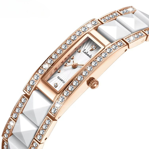 Montre élégante pour femme en acier inoxydable carré, style bracelet orné de cristaux, cadran en céramique de 18 mm, montre à quartz étanche - Product Image 1