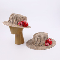 Chapeau de paille ajouré respirant à motif rose champêtre pour femme, à large bord, idéal pour l'été, la plage, la protection solaire et les séances photo
